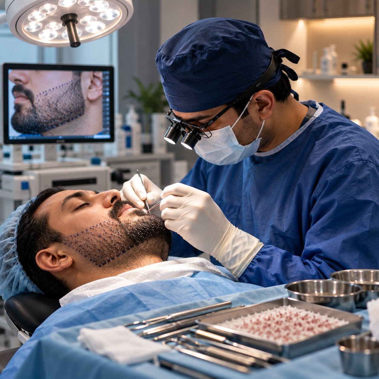 Surgeon performing a beard transplant at Lucknow Hair Clinic
